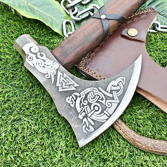 Handmade Carbon Steel Etched Blade Viking Tomahawk Hatchet Axe with Walnut Wood Leather Wrapped Handle and Sheath