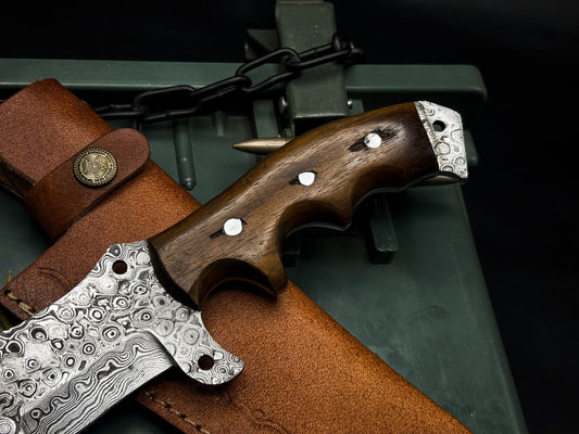 Handmade Damascus Steel Hunting Tracker Knife with Wood Handle and Cow Leather Sheath