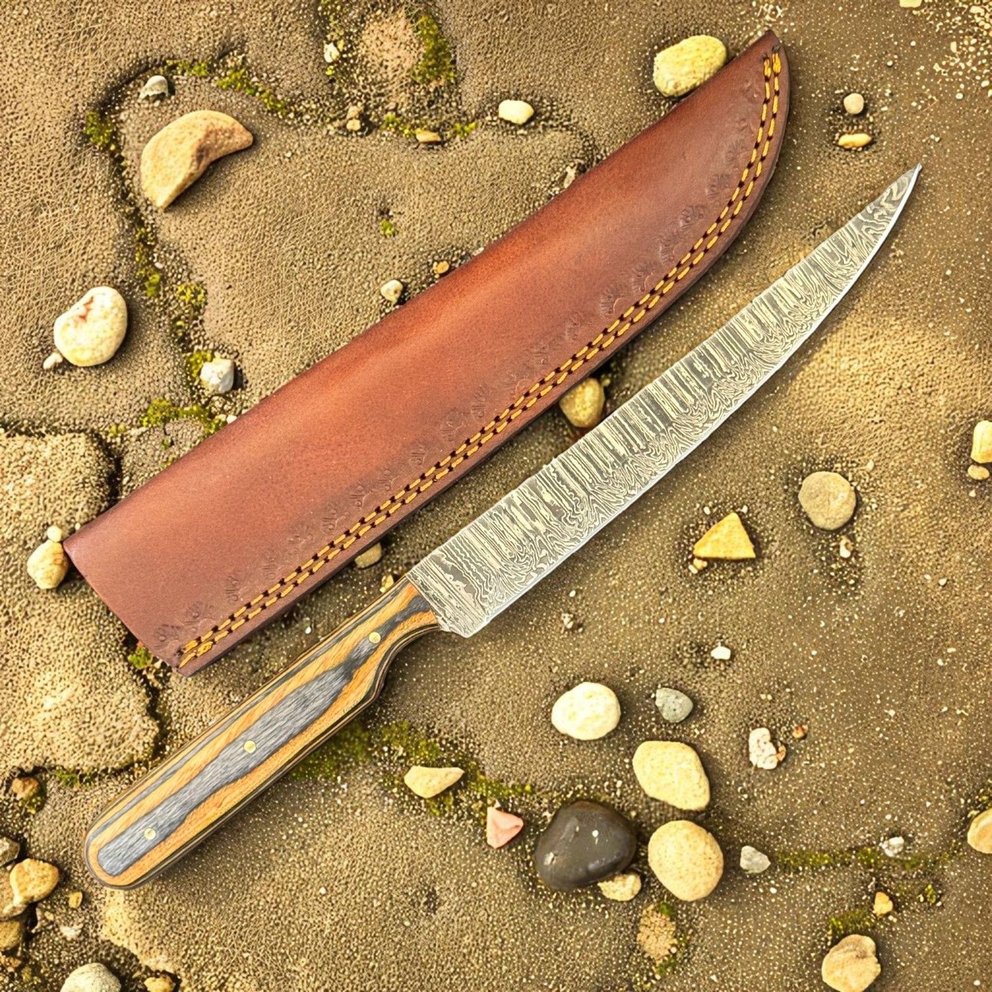 12" Custom Handmade Damascus Fillet Knife with Wood Handle for Kitchen W/Sheath