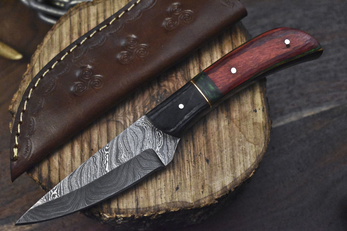 Twist Damascus Skinner Knife with Hardwood Handle and Wooden Bolster – 8.5" Tactical Handmade Blade