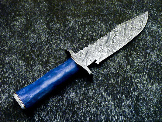 Hand Forged Damascus Bowie Hunting Knife | Stained Camel Bone Handle & Leather Sheath