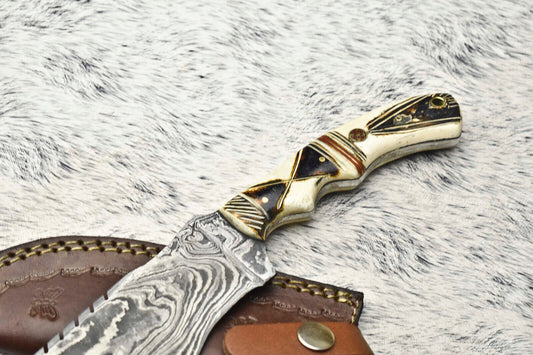 10.0" Handmade Damascus Steel Tracker Knife | Burnt Camel Bone Handle with Leather Sheath
