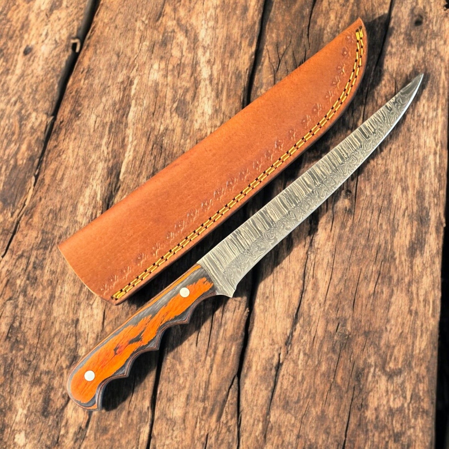 12” Handmade Damascus Fillet Knife with Wood Handle for Kitchen & Leather Sheath