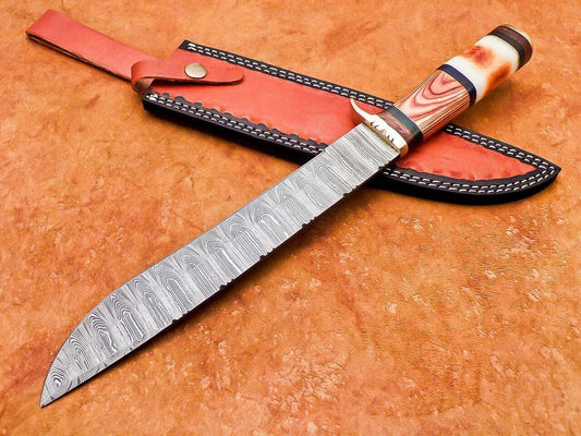 Heritage Forge 15 Inch Damascus Bowie Hunting Knife with Camel Bone and Hardwood Handle