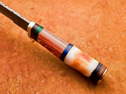 15 Inch Custom Handmade Damascus Steel Bowie Knife with Camel Bone and Hardwood Handle