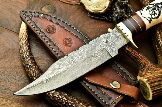 Damascus Steel Bowie Knife | 12" Hand-Forged Camel Bone Handle with Laser Etched Blade