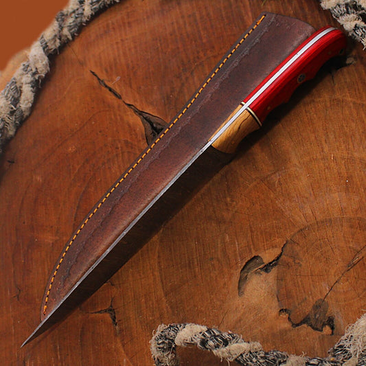 Custom Handmade Damascus Steel Fillet Chef Brisket Kitchen Hunting Knife with Leather Sheath