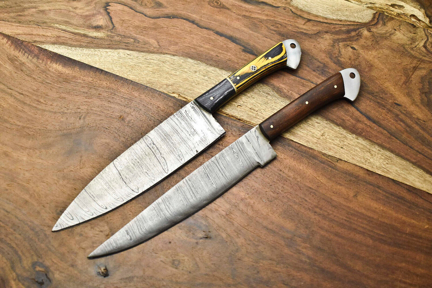 Lot of 2 Handmade Damascus Steel Blade Chef Knife Set – Custom Kitchen Knives