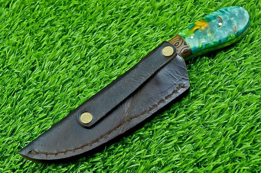 8" Custom Handmade Damascus Steel Bowie Hunting Knife – Resin & Wood Handle