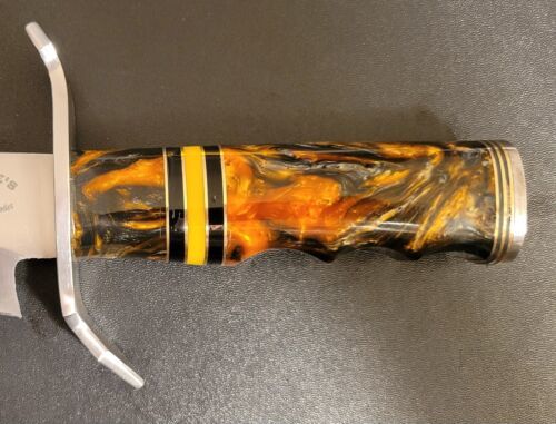 Custom Handmade D2 Steel Bowie Hunting Knife with Orange & Black Resin Handle