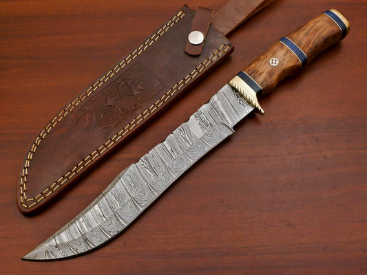 Handmade Damascus Bowie Hunting Knife – Rose Wood Handle, Fixed Blade
