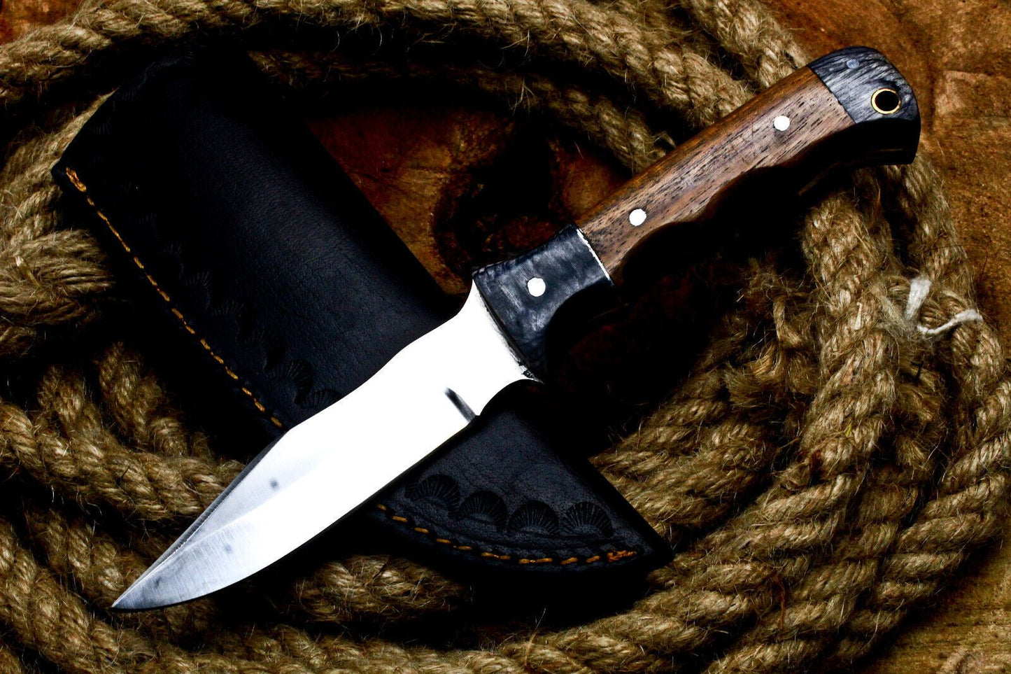8" Handmade D2 Steel Skinner Knife | Walnut Wood Handle Full Tang Hunting EDC + Sheath