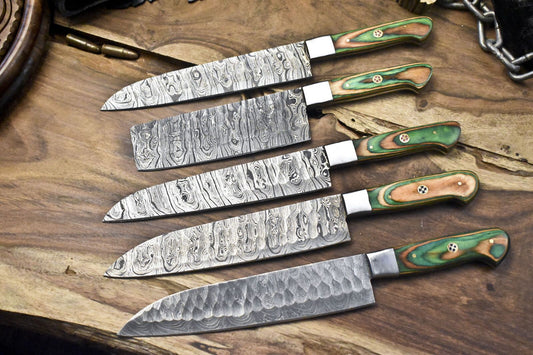 Forged Twist Damascus Chef Knife Set of 5 – Hardwood Handle, Hunting & Kitchen Knives