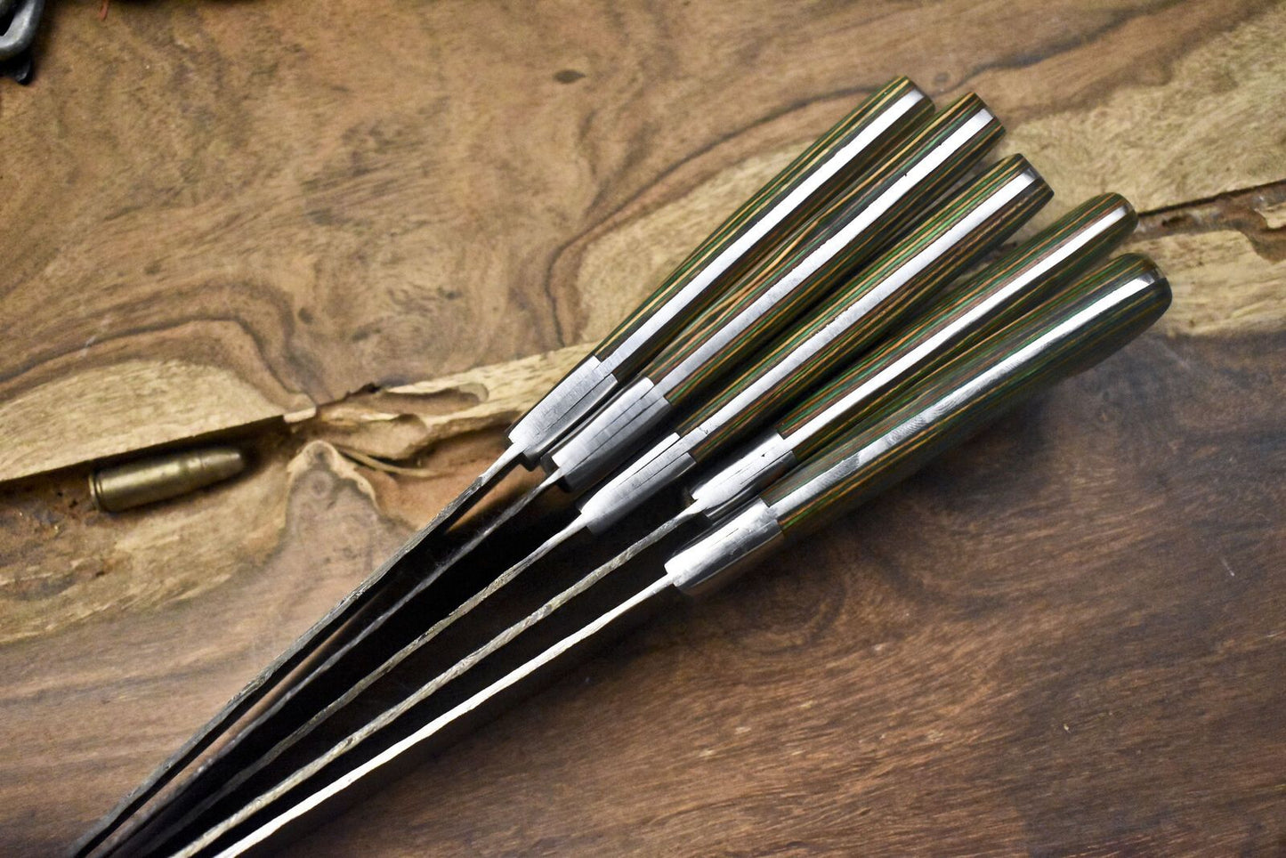 Forged Twist Damascus Chef Knife Set of 5 – Hardwood Handle, Hunting & Kitchen Knives