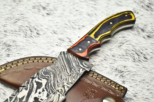 Rare Handmade Damascus Blade Camping Tracker Full Tang Knife | Leather Sheath