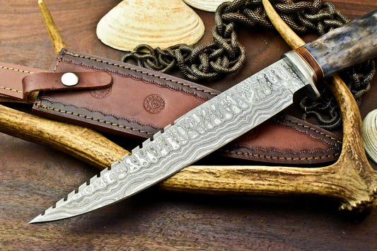 15" Damascus Bowie Knife | Premium Camel Bone Handle