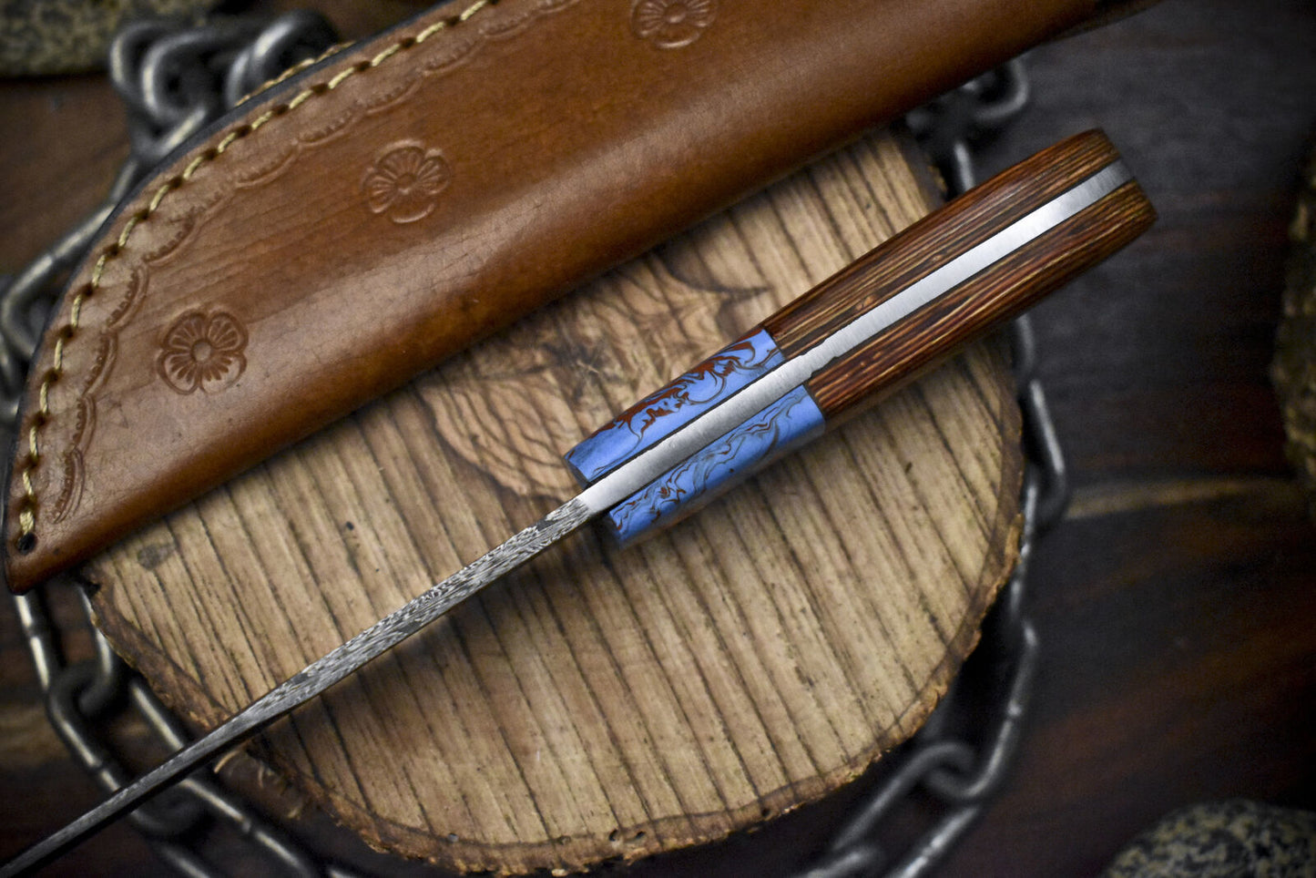 Twist Damascus Skinner Knife with Olive Wood Handle and Micarta Bolster for Camping and Hunting