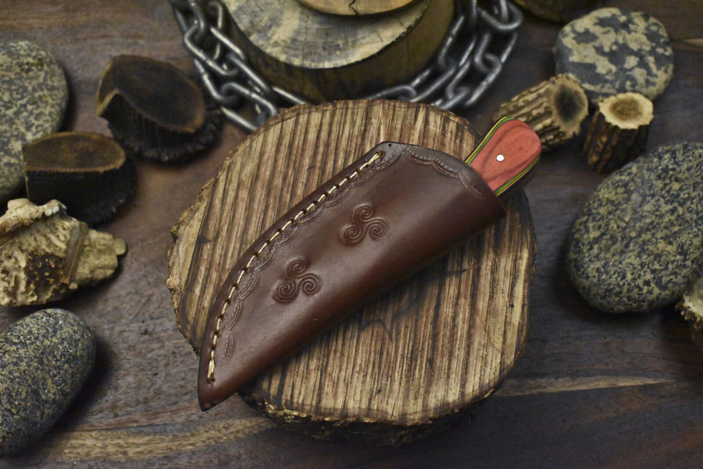 Custom Twist Damascus Skinner Knife Hardwood Wooden Bolster Tactical Blade