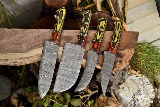 Lot of 4 Handmade Damascus Steel Hammered Chef Knives – Full Tang with Hard Wood Handles