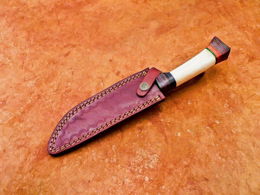 12" Custom Damascus Bowie Knife | Camel Bone & Wood Handle