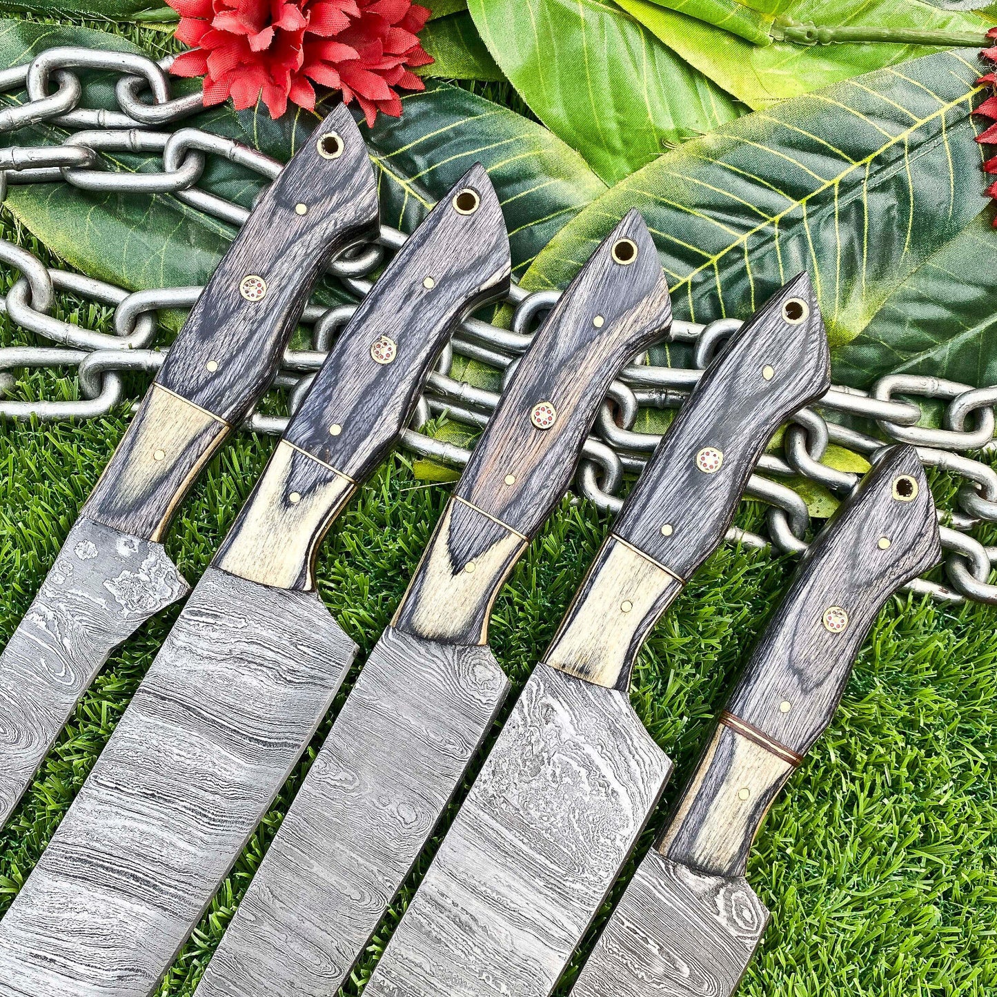 Lot of 5 Handmade Damascus Steel Full Tang Kitchen Chef Knife Set – Premium EDC Cutlery