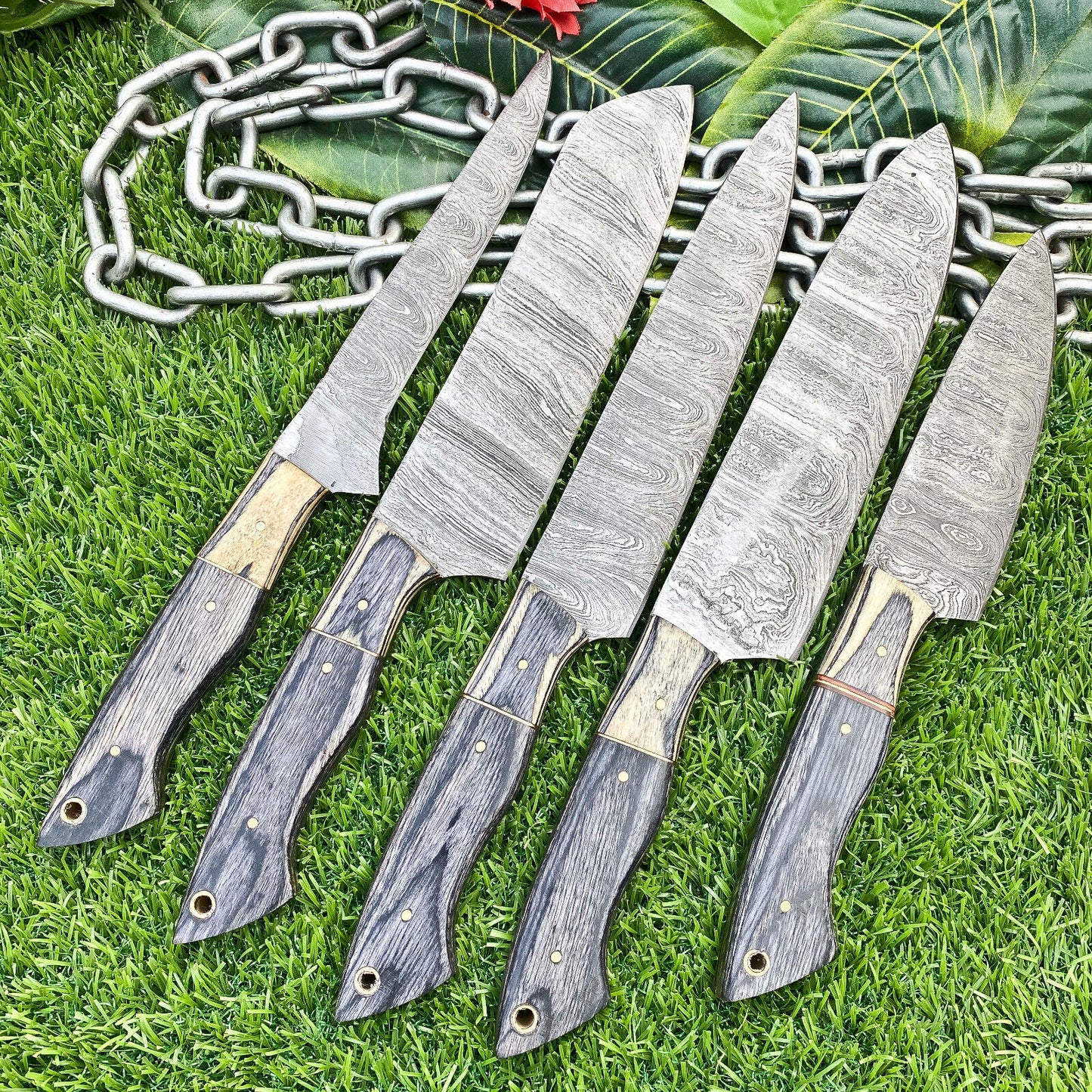 Lot of 5 Handmade Damascus Steel Full Tang Kitchen Chef Knife Set – Premium EDC Cutlery