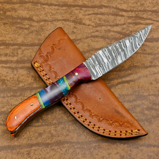 Heritage Forge Custom Handmade Damascus Skinner Hunting Knife with Resin and Wood Handle – Fixed Blade Knife
