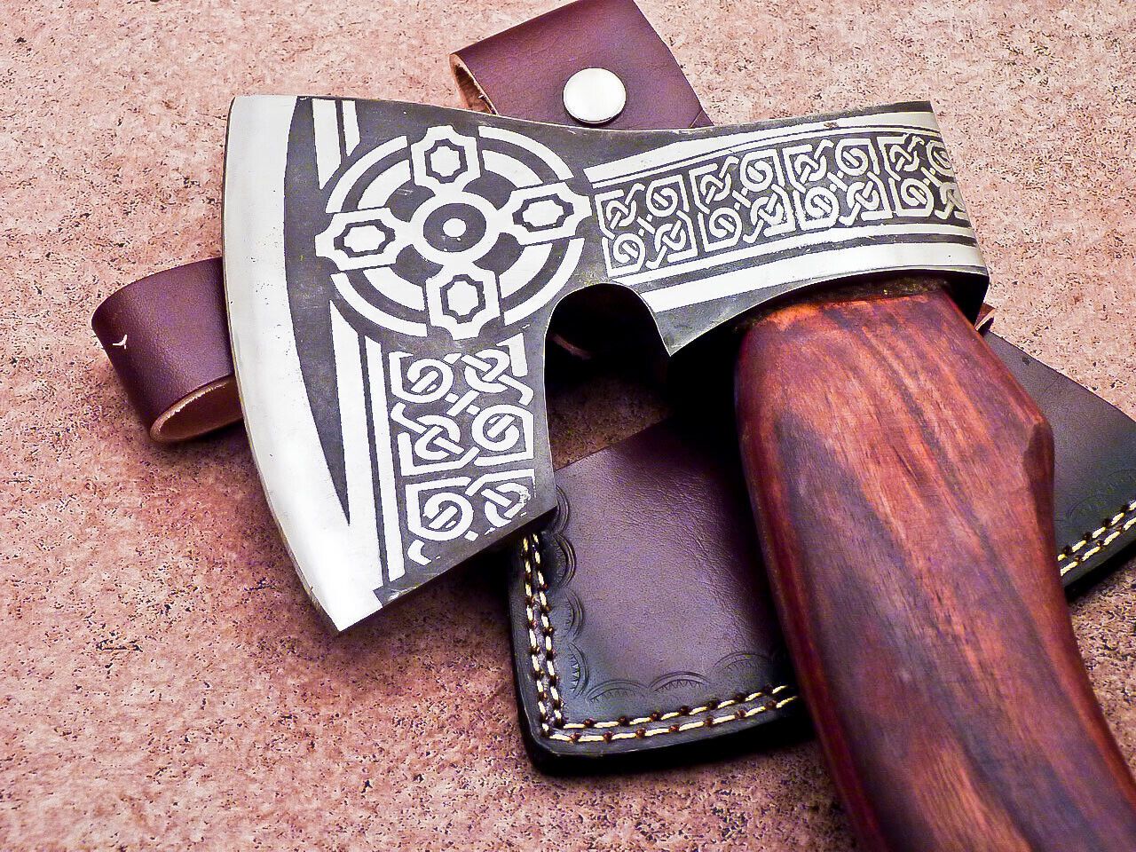 Hand Forged Viking Bearded Axe Carbon Steel Hatchet Tomahawk with Natural Wood Handle and Leather Sheath 18"