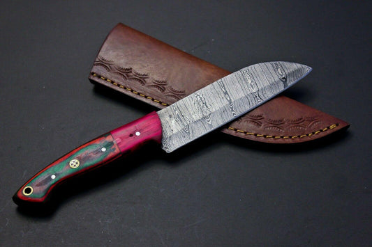 Handmade Damascus Steel Chef Knife | 9" Multipurpose Kitchen Knife Multi-Color Wood Handle