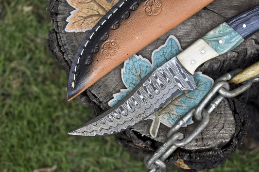 8.0" Ladder Damascus Skinner Knife Mixed Handle Razor Sharp Hunting Tool