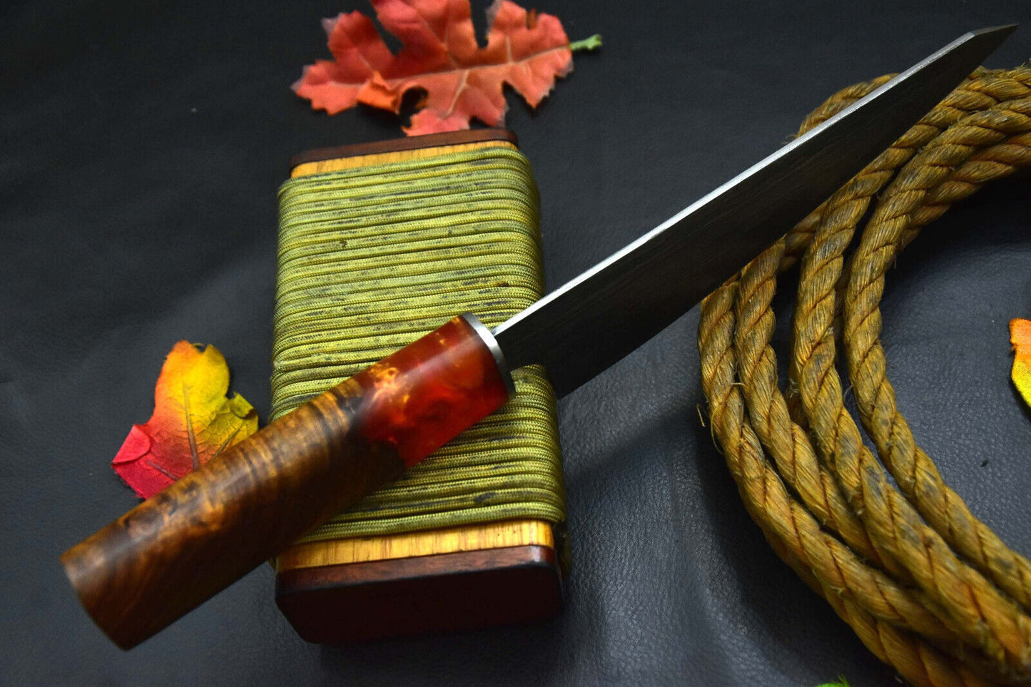 Custom San Mai Damascus Steel Fixed Blade Chef Knife, Walnut & Resin Handle
