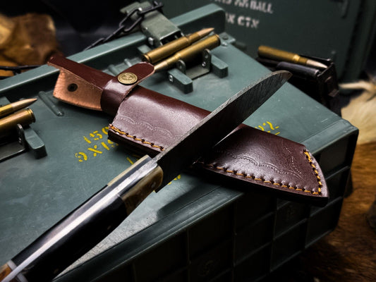 Handmade Damascus Steel Kitchen Chef Vegetable Knife with Horn Handle & Leather Cow Sheath