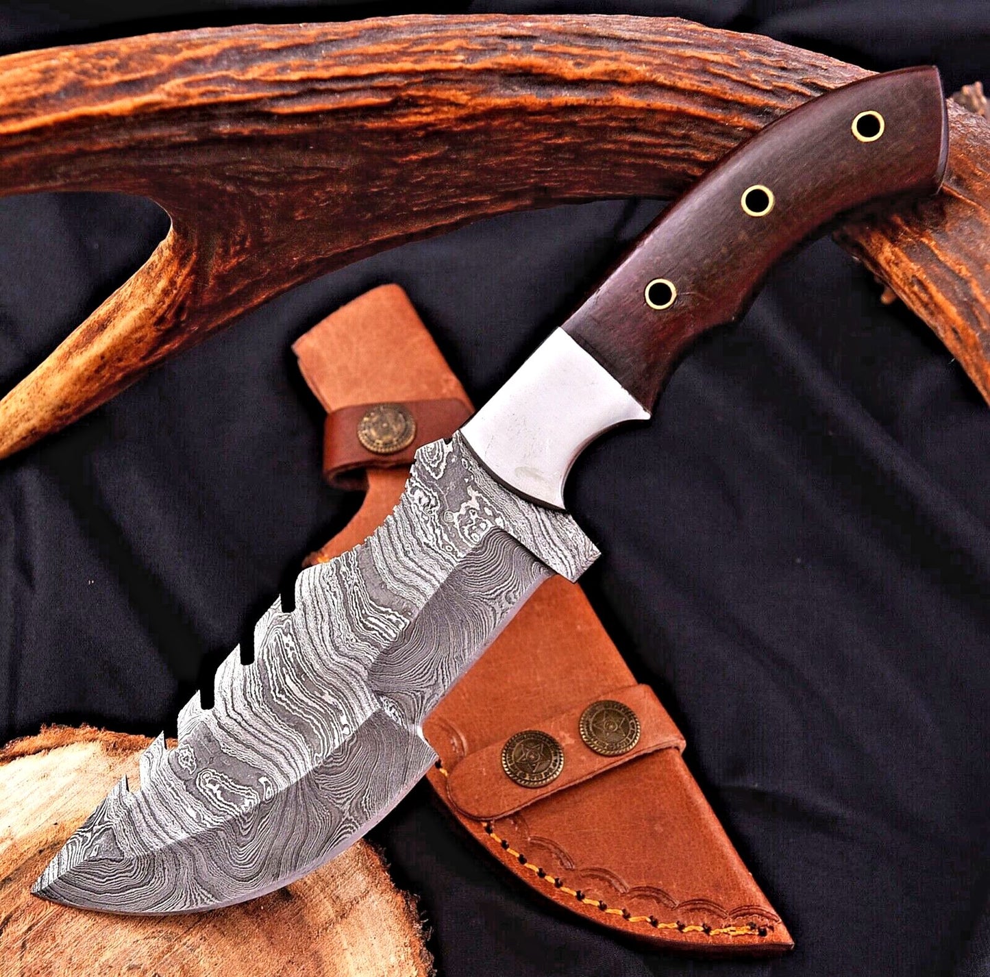 Custom Handmade Damascus Steel Tracker Hunting Knife – Forged Fixed Blade Survival Camping Knife with Micarta Handle & Leather Sheath