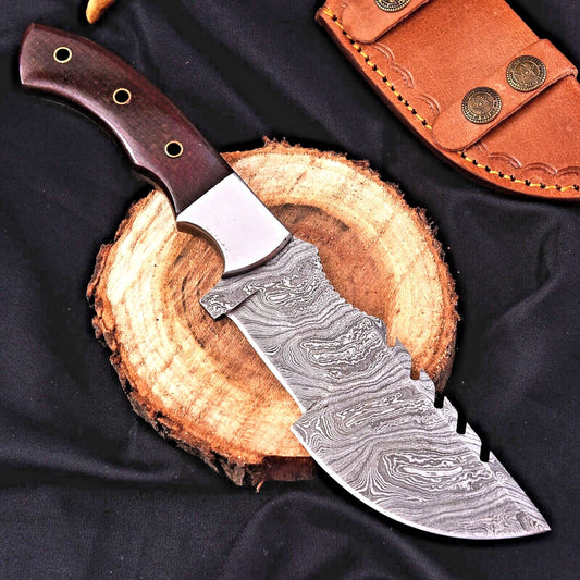 Custom Handmade Damascus Steel Tracker Hunting Knife – Forged Fixed Blade Survival Camping Knife with Micarta Handle & Leather Sheath