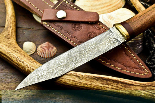 11" Damascus Bowie Hunting Knife – Walnut Wood Handle with Leather Sheath