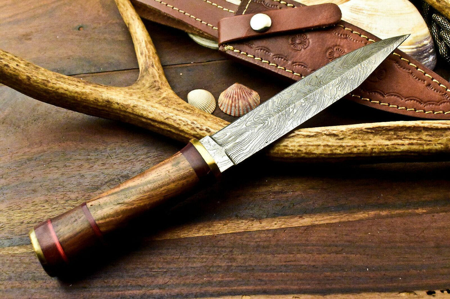 11" Damascus Bowie Hunting Knife – Walnut Wood Handle with Leather Sheath