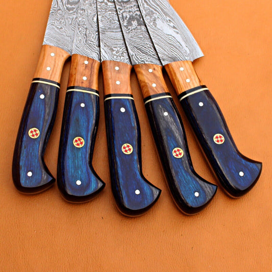 Custom Handmade Twist Damascus Steel Chef Set with Sheath Hunting Knife – Premium Quality