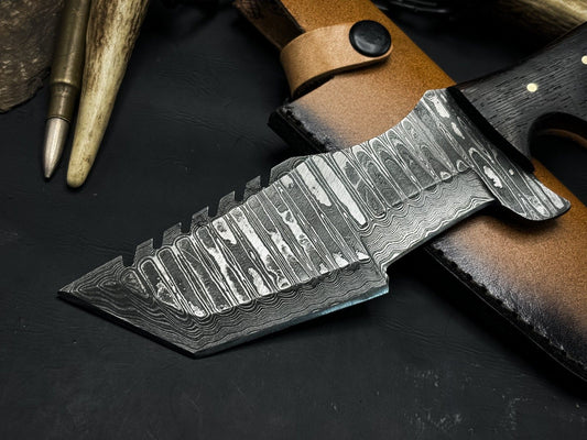 Handmade Damascus Steel Hunting Tracker EDC Knife with Wood Handle and Leather Sheath