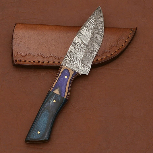 Forged Damascus Camping Knife with Wood Handle and Leather Sheath