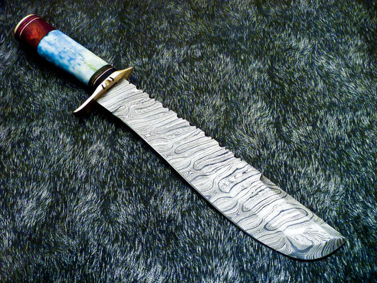 Damascus Bowie Hunting Knife – Stained Bone Handle, 15"