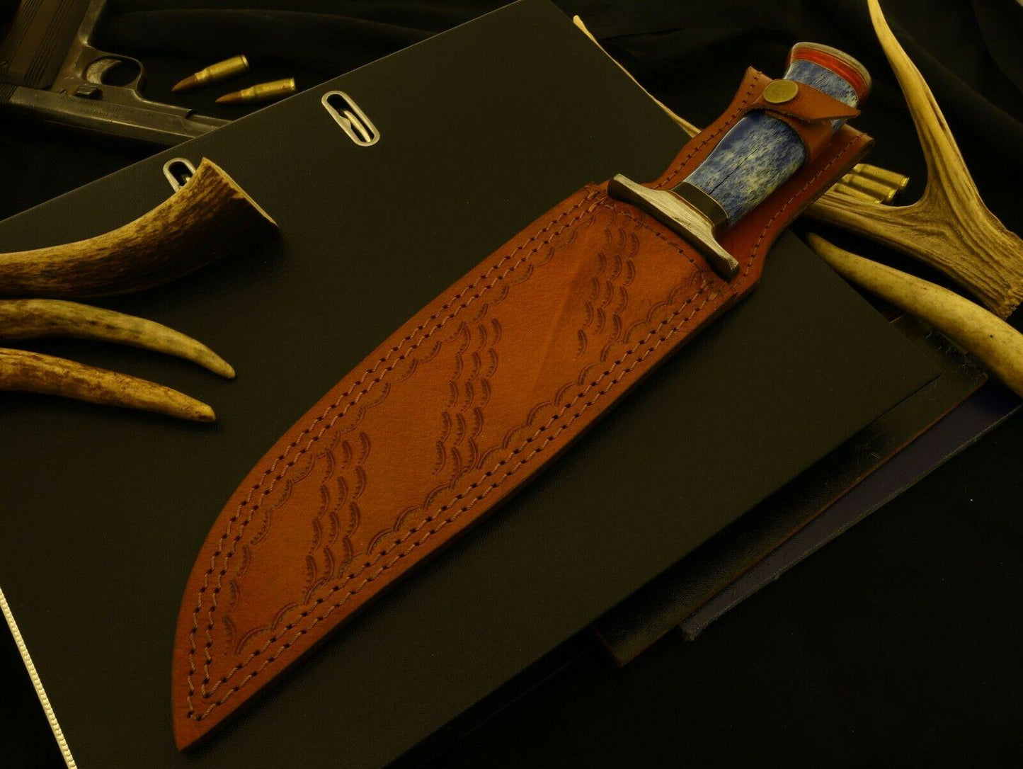 Large Damascus Steel Bowie Knife – 14 Inch Hunting Blade with Stained Bone & Pakka Wood Handle