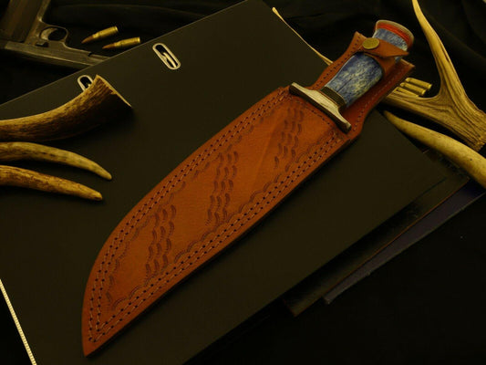 Large Damascus Steel Bowie Knife – 14 Inch Hunting Blade with Stained Bone & Pakka Wood Handle