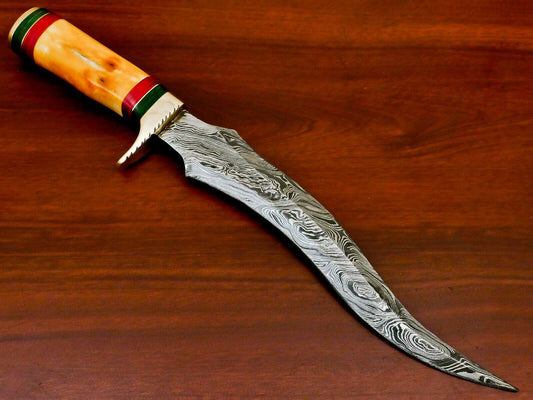 Hand Forged Damascus Steel Bowie Knife | Stained Camel Bone & Wood Handle