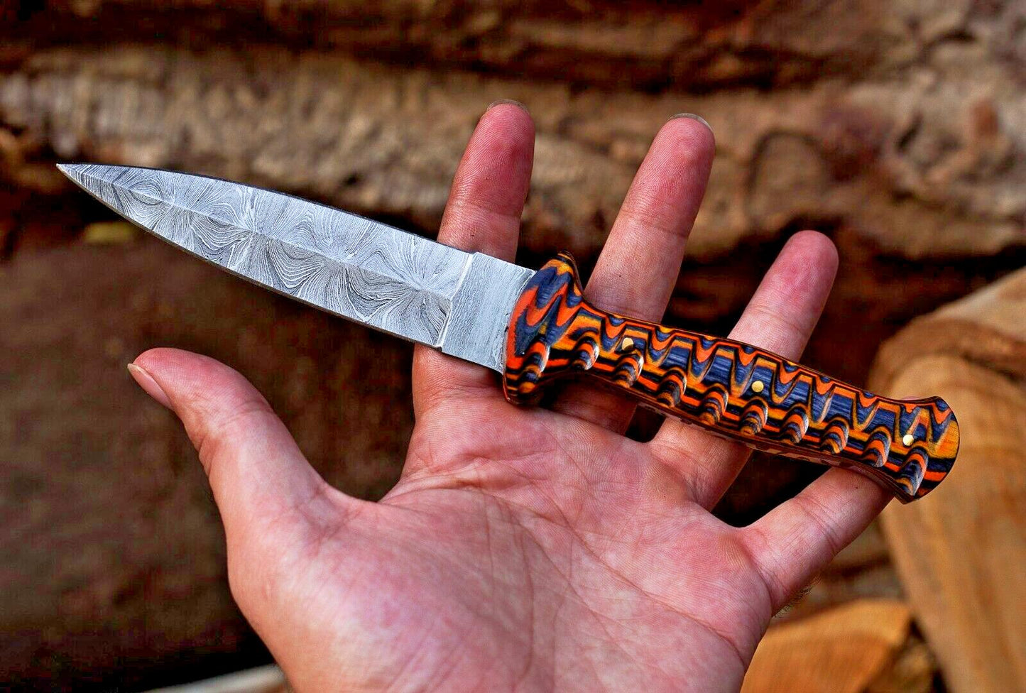 Handmade Damascus Steel Hunting Dagger – Double Edged Boot Knife with Wooden Handle and Sheath