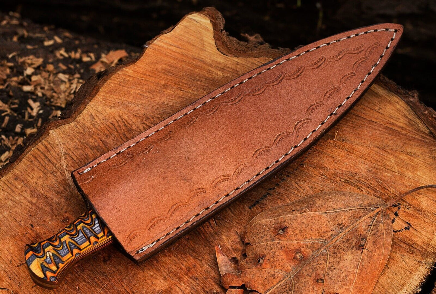 Handmade Damascus Steel Hunting Dagger – Double Edged Boot Knife with Wooden Handle and Sheath