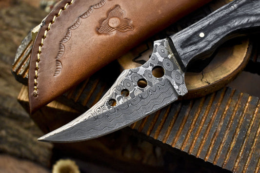 Hot Item Skinner Knife Rain Drop Damascus Hard Wood Handmade Survival Hunting Knife w/ Leather Sheath