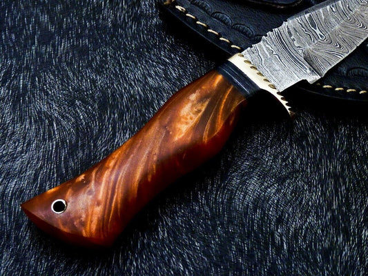 10" Handmade Damascus Steel Bowie Knife – Resin Handle with Brass Bolster & Leather Sheath