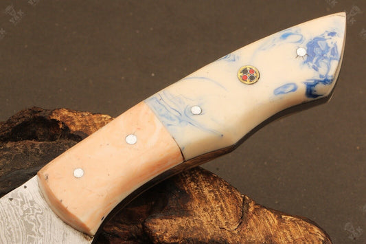 8.5" Handmade Twist Damascus Steel Bowie Knife – Camel Bone & Wood Handle