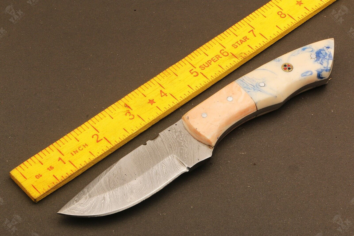 8.5" Handmade Damascus Bowie Knife Damascus Steel Knife with Camel Bone & Wood Handle