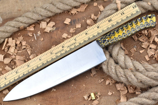 Custom Handmade Carbon Steel Chef Knife – 13.5" Forged Kitchen Knife with Leather Sheath
